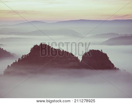 View Into Misty Valley. High Trees And Rocky Peaks Increased From Thick Fog.  The First Sun Rays