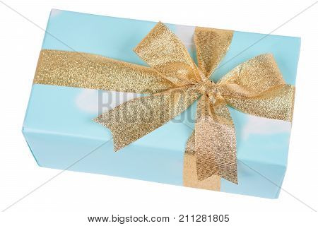 Upper view on blue box with present tied by golden ribbon isolated on white