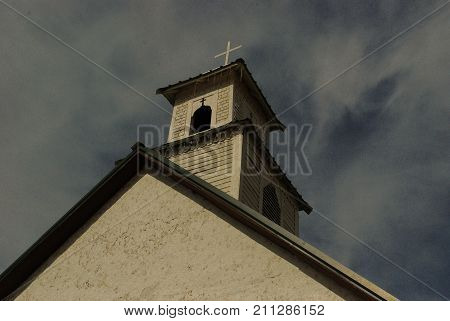 Bell tower, Sacred Heart of Jesus Catholic Church, Shafter, Texas.  Shafter is a ghost town in west Texas north of Big Bend National Park.