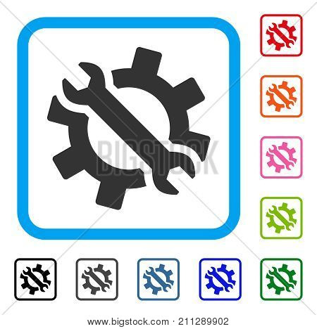Wrench And Gear Tools icon. Flat grey iconic symbol in a blue rounded square. Black, gray, green, blue, red, orange color variants of Wrench And Gear Tools vector. Designed for web and software UI.