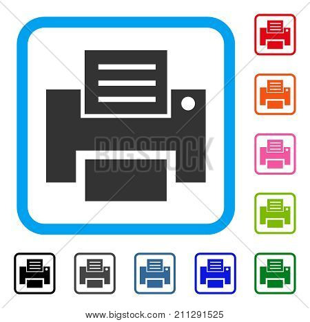 Print icon. Flat gray iconic symbol in a blue rounded frame. Black, gray, green, blue, red, orange color variants of Print vector. Designed for web and app UI.