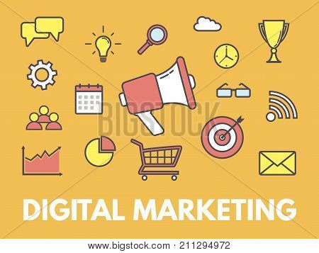 Digital marketing concept. Megaphone with business icons. Red and white speaker with business elements. Flat vector illustration on yellow background.