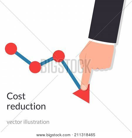 Cost reduction concept. Cost down. Businessman with his hand lowers the arrow of the graph. Decrease down profit. Declining chart. Vector illustration flat design. Isolated on background