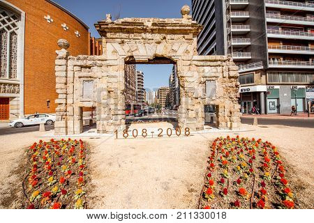 ZARAGOZA, SPAIN - August 20, 2017: View on the gate of Carmen, ancient gate of Zaragoza city in Spain