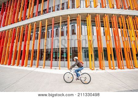 ZARAGOZA, SPAIN - August 21, 2017: View on the colorful fasade of pavilion of international exposition held in 2008 in Zaragoza, Spain