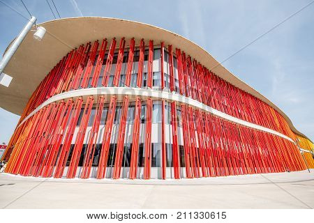 ZARAGOZA, SPAIN - August 21, 2017: View on the colorful fasade of pavilion of international exposition held in 2008 in Zaragoza, Spain