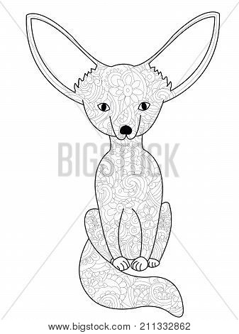 Fennec fox coloring book for adults raster illustration. Anti-stress coloring for adult. Zentangle style animal. Black and white lines. Lace pattern