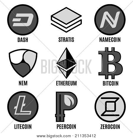 Premium cripto currency logos set with different popular virtual web coins isolated vector illustration