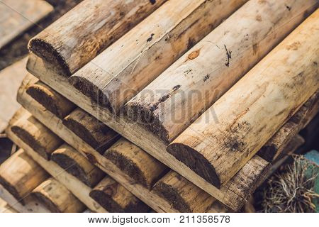 Folded in wooden piled beige beech boards uneven bars background in a sawmill. Sawn-off boards.