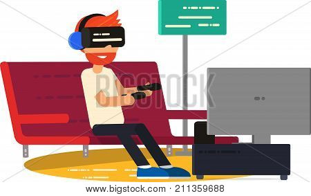Vector illustration of Man Sitting On Sofa At Home Wearing Virtual Reality Headset. VR Vector Poster. - stock vector