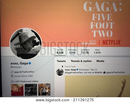 Wuhan China, 30 october 2017: Singe Lagy Gaga official twitter account website page on a laptop screen