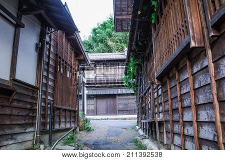 Kiso valley is the old town or Japanese traditional wooden buildings for the travelers walking at historic old street in Narai-juku Nagano Prefecture JAPAN.