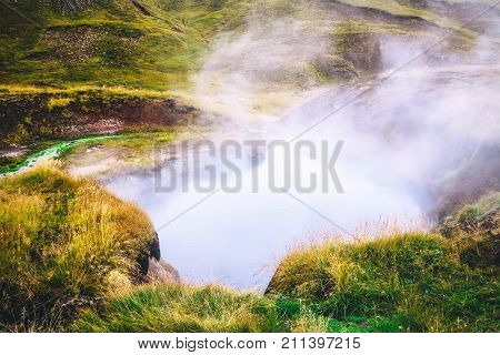 Hot river in Reykjadalur valley in south Iceland.