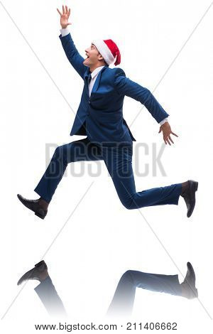 Young busnessman wearing santa hat in christmas concept on white