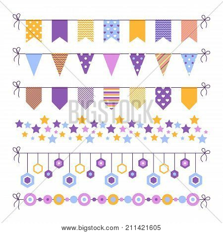 Set of bounting flags, stars and circles decorative elements on white background. Collection for birthday greeting cards and scrapbooking. Vector illustration.