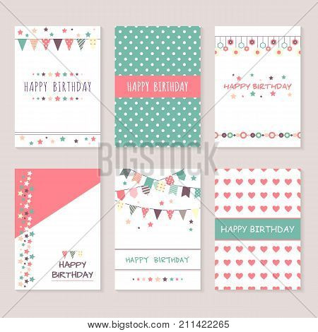 Set of birthday greeting cards design. Bounting flags, stars and circles and other decorative elements. Celebration background collection. Cute patterns and ornaments.