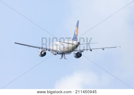 LANGENHAGEN / GERMANY - OCTOBER 28 2017: Airbus A319-100 from airline Lufthansa takes off from international airport Langenhagen / Hanover.