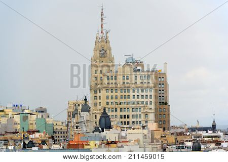 Telefonica Building is a Manhattan-style skyscraper at Gran Via, Madrid, Spain. Telefonica Building is the tallest building in downtown Madrid built in 1920s.