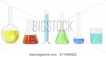 Chemistry flasks with colored liquid on white background. Science chemistry concept. Laboratory test tubes and flasks with colored liquids. 3D rendering