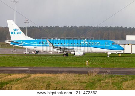 LANGENHAGEN / GERMANY - OCTOBER 28 2017: Embraer ERJ-175 from airline KLM lands on international airport Langenhagen / Hanover.
