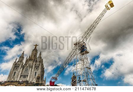 Watchtower And Church Of Sacred Heart, Tibidabo, Barcelona, Catalonia, Spain