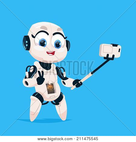Cute Robot Take Selfie Photo Robotic Girl Isolated Icon On Blue Background Modern Technology Artificial Intelligence Concept Flat Vector Illustration