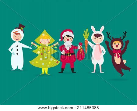 Cute kids wearing Christmas costumes vector characters little people isolated cheerful children holidays illustration. Childhood fun cartoon happiness present smiling human collection.