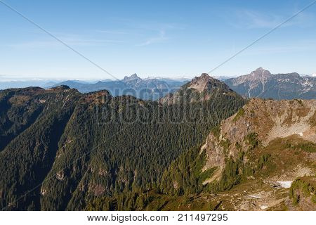 A view of the Northern Cascade Mountain peaks from Mount Dickerman during the Autumn season.