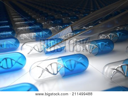 DNA inside capsule with tweezers, Science background. 3D illustration