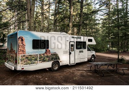 Canada Ontario Algonquin National Park 30.09.2017 - Parked RV camper car at Lake of two rivers Campground Beautiful natural forest landscape