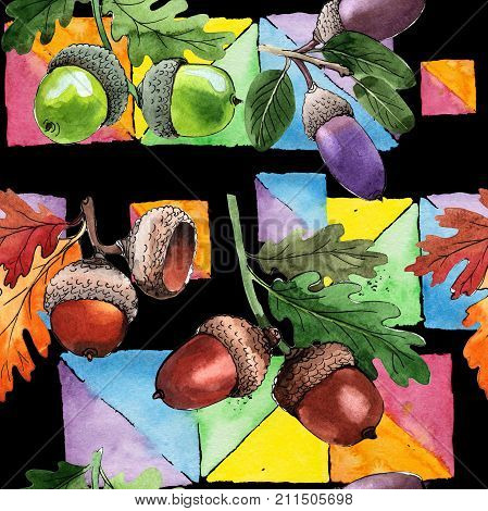 Forest acorn pattern pattern in a hand drawn watercolor style. Aquarelle acorn for background, texture, wrapper pattern, frame or border.