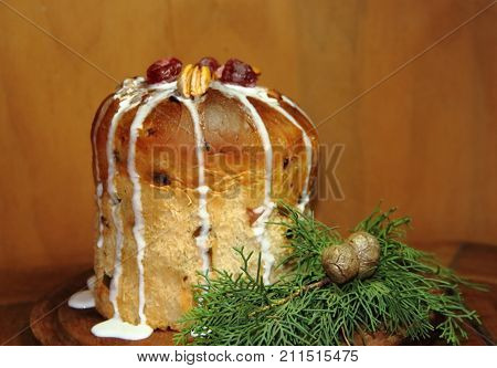 sweet bread Christmas pudding cin dried and glazed fruits and sparkling beverages