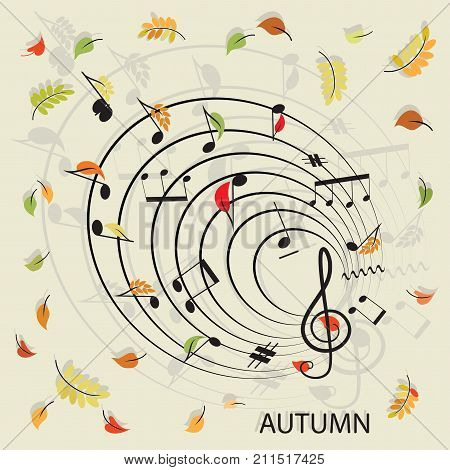 Notes. Music. Leaf fall. Abstract musical composition with a musical conductor and autumn leaves. Design for printing on paper, textiles, ceramics or packaging materials.