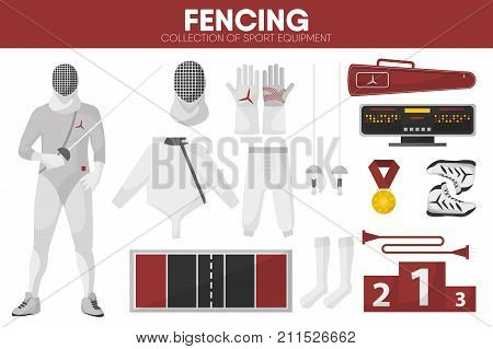 Fencing sport equipment and swordsman fencer man garment uniform clothing accessories. Fencing sword epee, protective mask and jacket, championship score table and award. Vector isolated flat icons