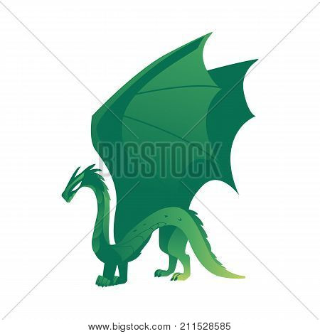 vector flat cartoon colored green majestic mythical dragon with horns and wings. Legendary mystery animal creature. Isolated illustration on a white background.
