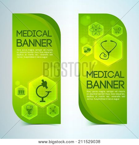 Healthcare vertical banners set with pharmacy symbols flat isolated vector illustration
