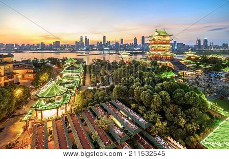 nanchang tengwang pavilion at night is one of chinese famous ancient building