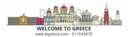 Greece outline skyline, greek flat thin line icons, landmarks, illustrations. Greece cityscape, greek vector travel city banner. Urban silhouette