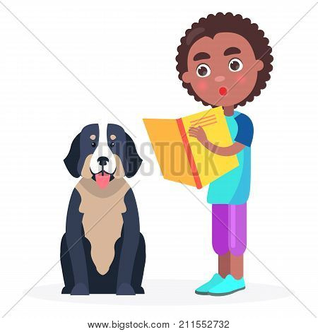 Surprised black kid stands with yellow book or notebook and bernese mountain dog vector illustration isolated on white closeup.