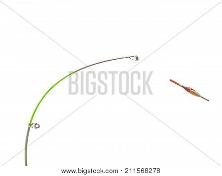 Spinning sport equipment concept. Person holding fishing rod with float and waggler with line.