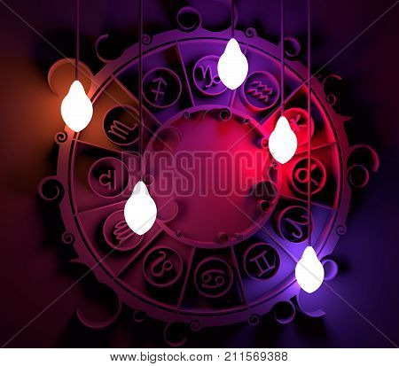 Astrological signs in the circle. Celebration card template. Electric bulbs illumination. Zodiac circle. 3D rendering