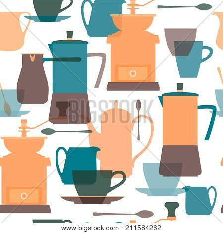 Coffee maker, pot, grinder, cezve, pitcher, cup, spoon, saucer. Dishes for coffee. Flat color transparent silhouettes. Seamless background. Vector illustration.