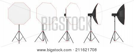 3d rendering of an octobox lighting set on a stand in different angles. Professional studio lighting. Photography equipment. Light dispersion tools.