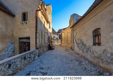 Rasnov citadel medieval paved street. Transylvania Romania