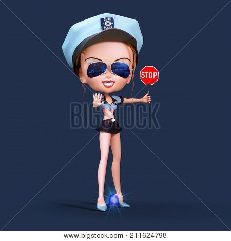 Cute Policewoman with Stop sign, 3D Illustration