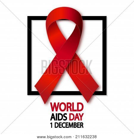 Aids awareness red ribbon with rectangle frame. World Aids Day concept. Vector Illustration