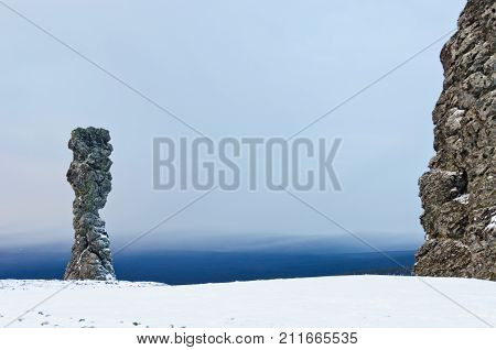 Manpupuner rock formations. Giant rocks at the Manpupuner Plateau, Northern Ural. One of the seven wonders of Russia