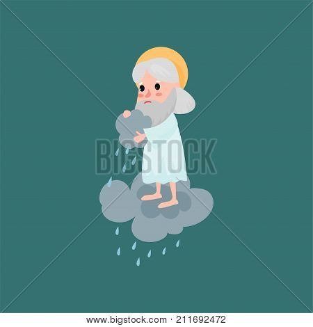 God cartoon character in action on gray cloud. Lord pours rain on the earth. Heaven working days. Bad weather. Almighty bearded man. Vector illustration for religious book, card, poster or badge.