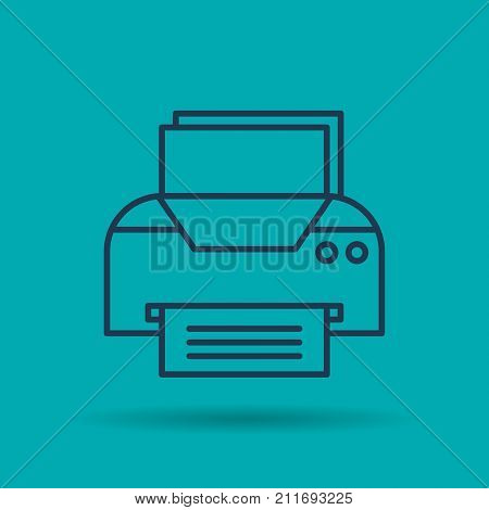 Vector linear Office Printer. Isolated web outline icon on blue background. Pictogram of business office supplies and technologies