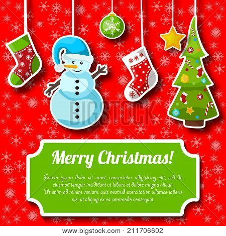 Bright holiday card with christmas tree decorations on red with snoflakes background flat vector illustration